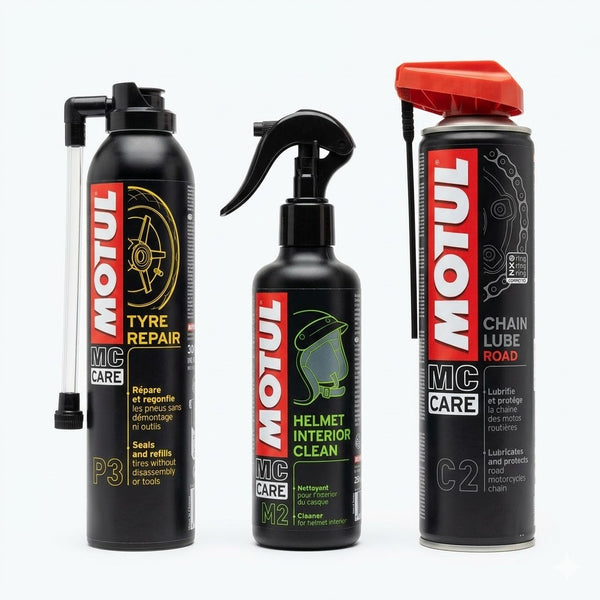 Motul Motosiklet Bakım Seti - P3 Lastik Tamir Kiti, C2 Zincir Yağlama Spreyi ve M2 Kask İçi Temizleyici - 3’lü Profesyonel Bakım Paketi