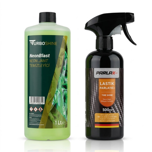 TurboShine NeonBlast & Parlax Car: Maksimum Performans Bakım Seti (1L Jant Temizleyici & Lastik Parlatıcı)