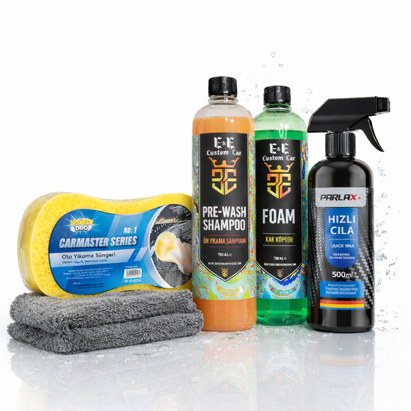 Premium Araç Temizlik Seti – Ön Yıkama Şampuanı, Köpük, Hızlı Cila, Mikrofiber Bez ve Yıkama Süngeri