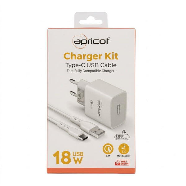 Apricot 18W Hızlı Şarj Kiti (Type-C USB Kablolu) – Kesintisiz Güç ve Hız