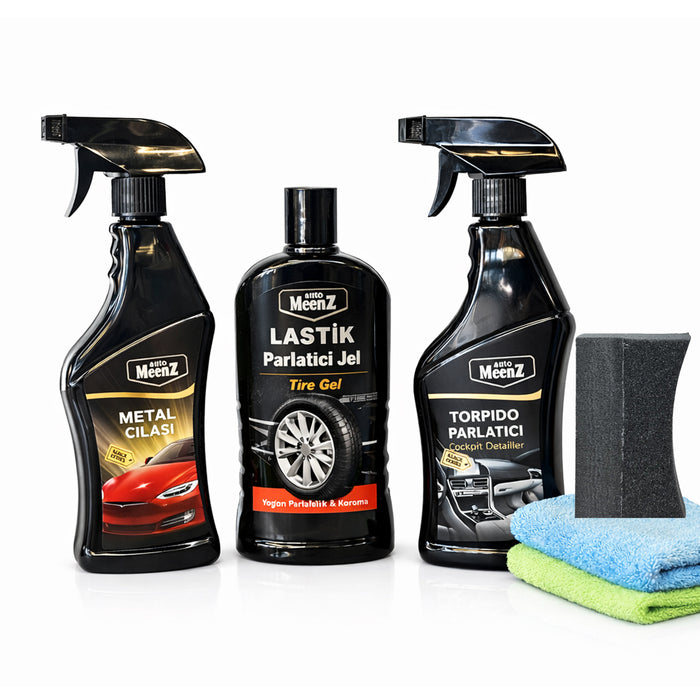 Auto MeenZ 5’li Araç Bakım Seti – Hızlı Cila + Lastik Parlatıcı Jel + Torpido Parlatıcı + 2 Mikrofiber Bez | İç & Dış Detaylı Temizlik Paketi