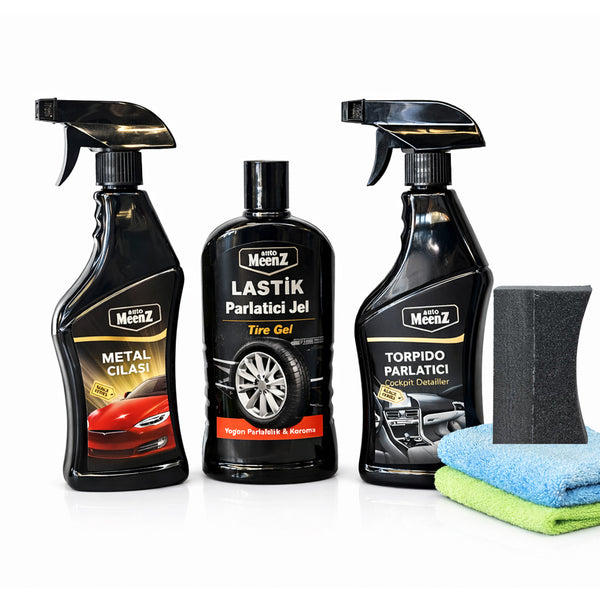 Auto MeenZ 5’li Araç Bakım Seti – Hızlı Cila + Lastik Parlatıcı Jel + Torpido Parlatıcı + 2 Mikrofiber Bez | İç & Dış Detaylı Temizlik Paketi