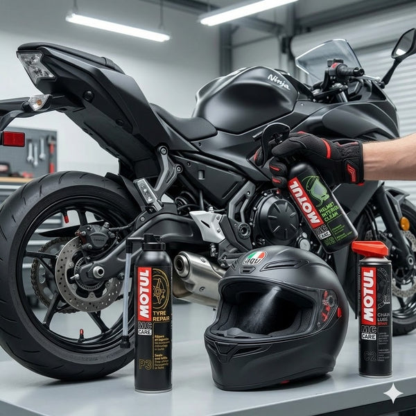 Motul Motosiklet Bakım Seti - P3 Lastik Tamir Kiti, C2 Zincir Yağlama Spreyi ve M2 Kask İçi Temizleyici - 3’lü Profesyonel Bakım Paketi